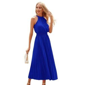 Womens Elegant Royal Blue Halter Maxi Dress Size S Pleated Skirt Smocked Waist